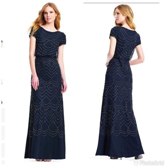 New Adrianna Papell Bridesmaid Style Short Sleeve Blouson Beaded Gown - Picture 1 of 16